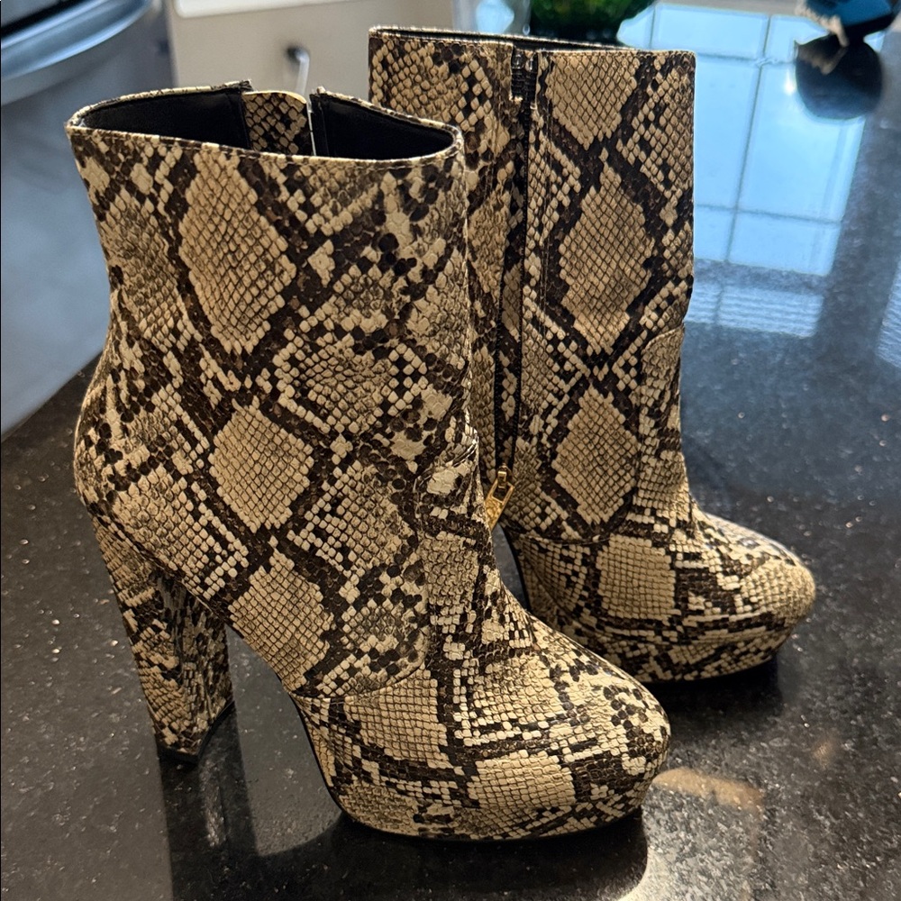 Aldo Beige and Black Snakeskin Heeled Boots